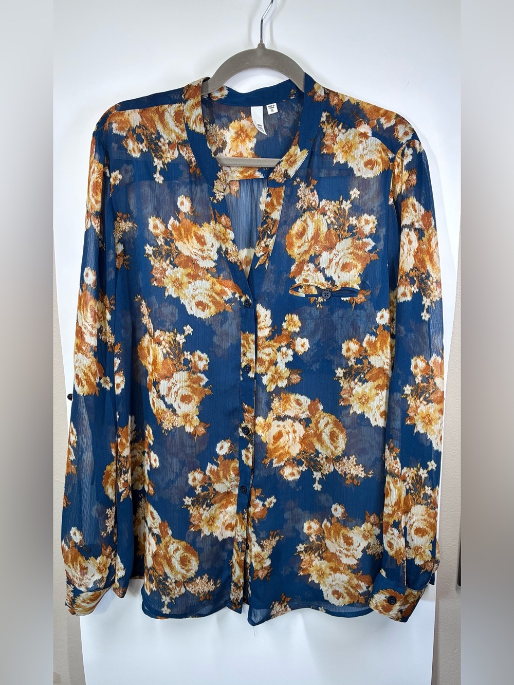 KUT From The Kloth XL Blue Floral Semi Sheer Button Front Blouse